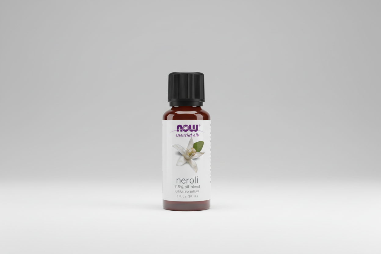 Bottle of NOW Essential Oils Neroli oil blend on a white background