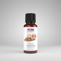 Bottle of NOW Essential Oils Nutmeg oil on a white background