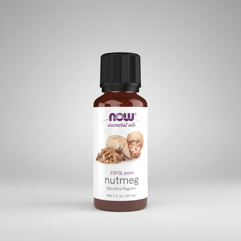 Bottle of NOW Essential Oils Nutmeg oil on a white background