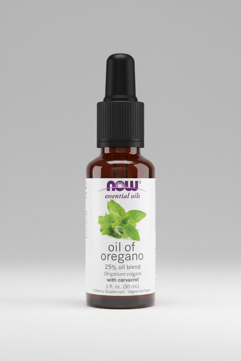 Bottle of Now Essential Oils oil of oregano on a white background