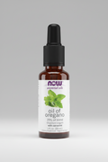 Bottle of Now Essential Oils oil of oregano on a white background