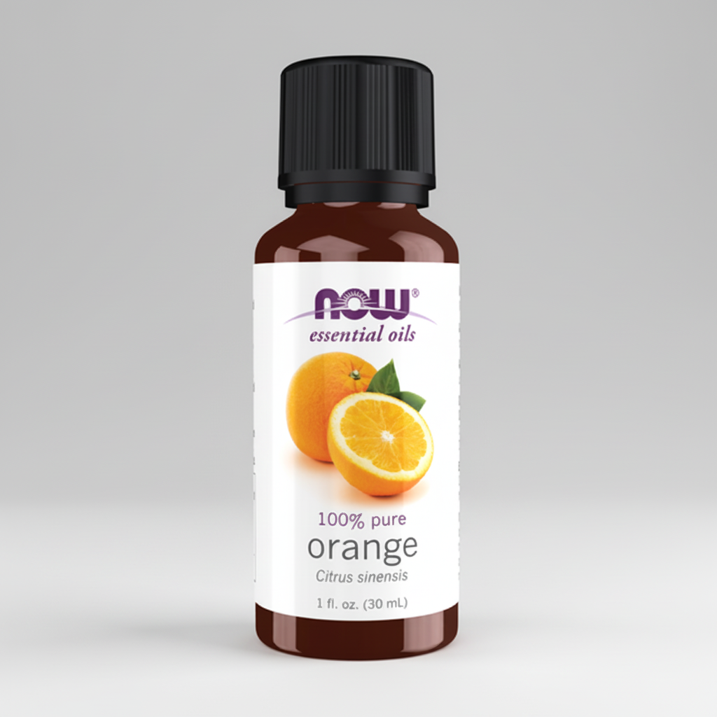 Bottle of NOW Essential Oils 100% pure orange oil on a white background