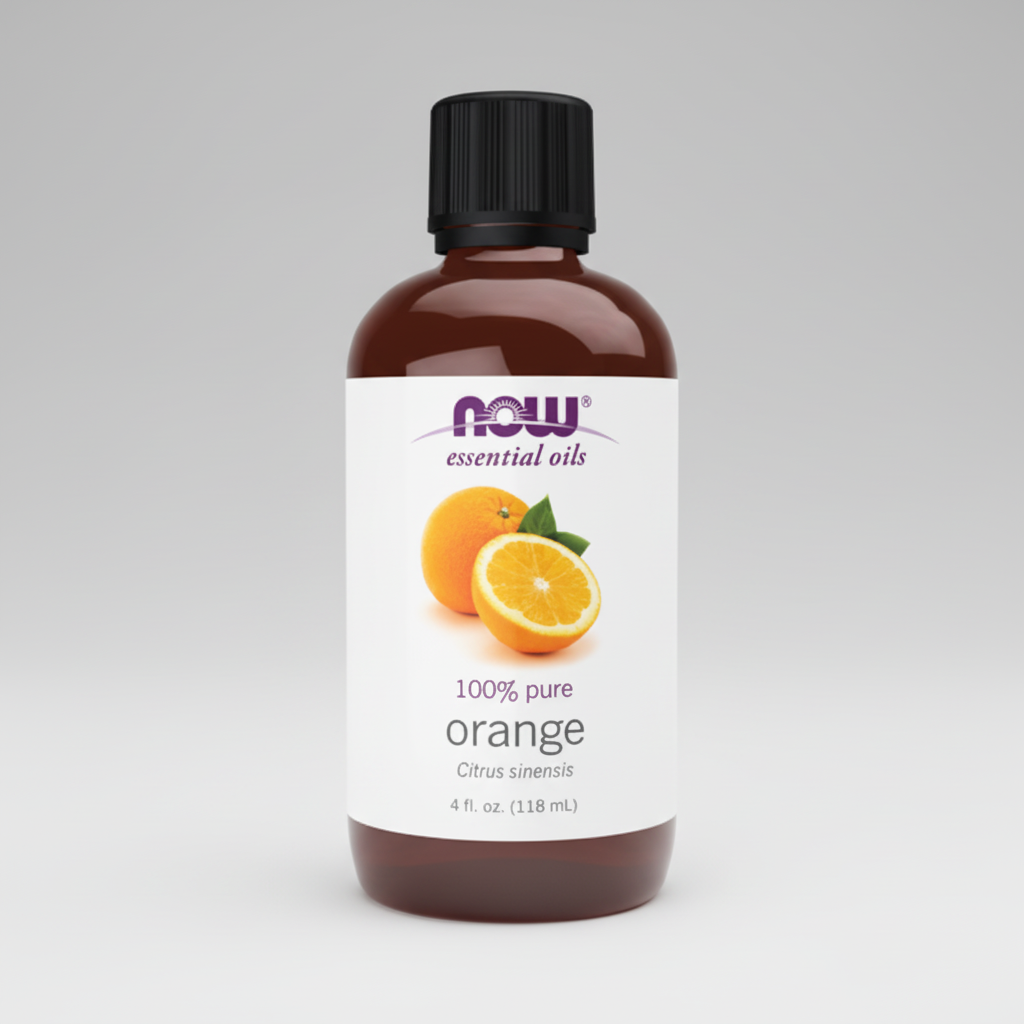 Orange essential oil bottle with Now Essential Oils label on a white background