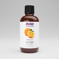 Orange essential oil bottle with Now Essential Oils label on a white background