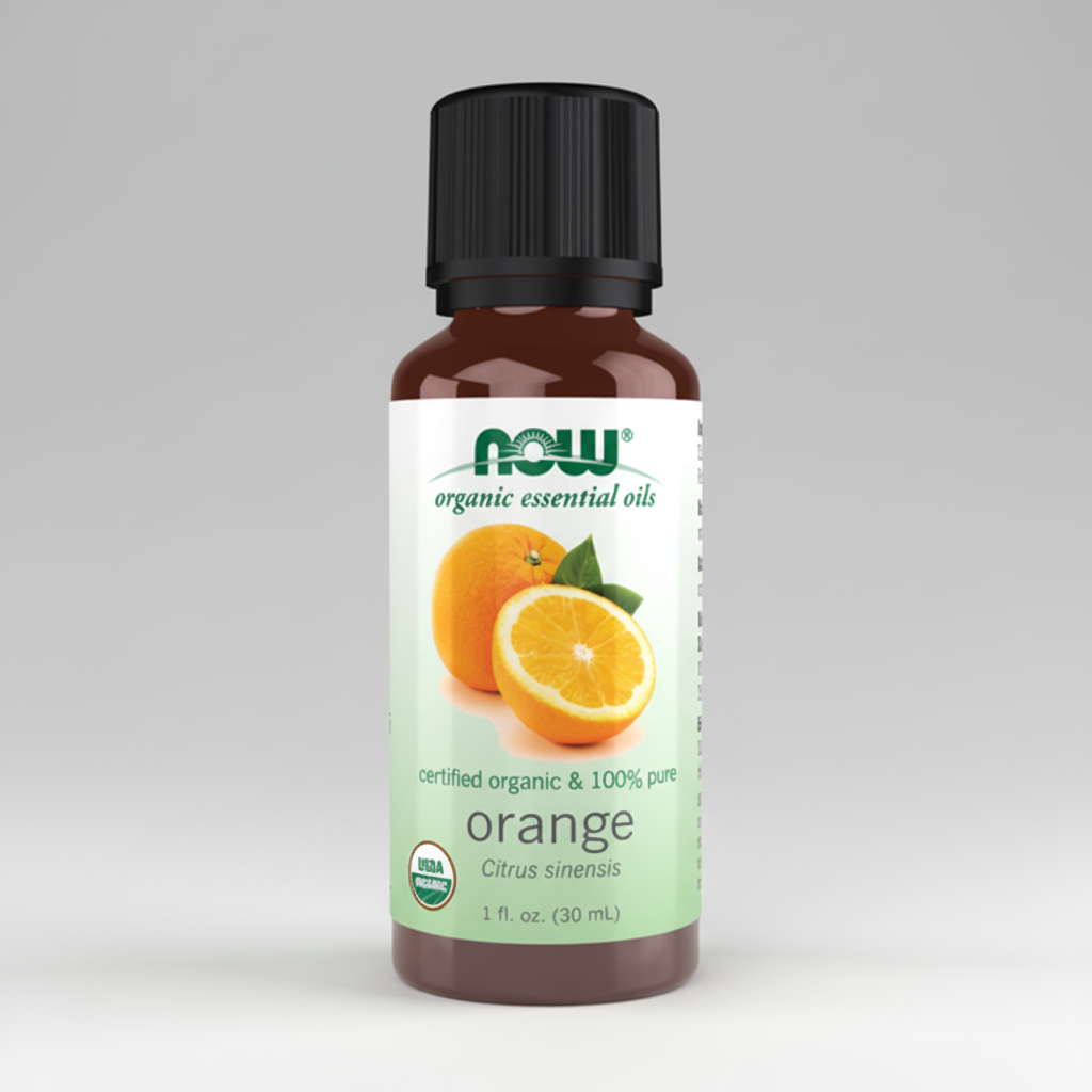Bottle of NOW Organic Essential Oils Orange on a white background