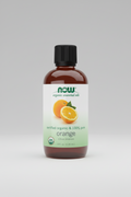 Bottle of NOW Organic Essential Oils with orange on a white background