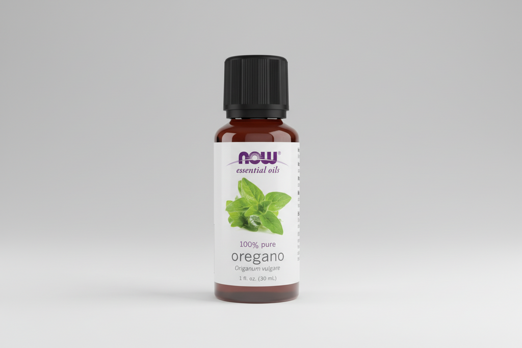 Bottle of NOW Essential Oils oregano oil on a white background