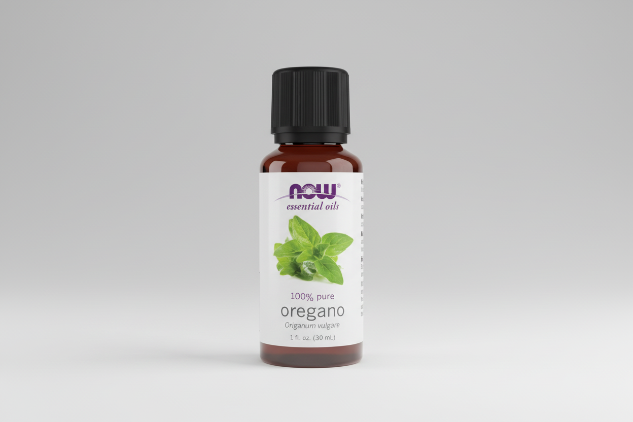 Bottle of NOW Essential Oils oregano oil on a white background