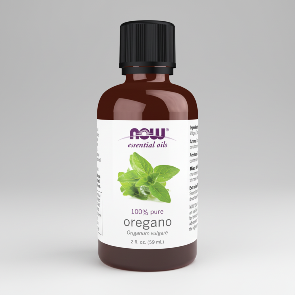 Bottle of NOW Essential Oils oregano oil on a white background