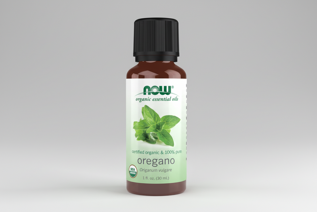 Bottle of NOW Oregano essential oil on a white background