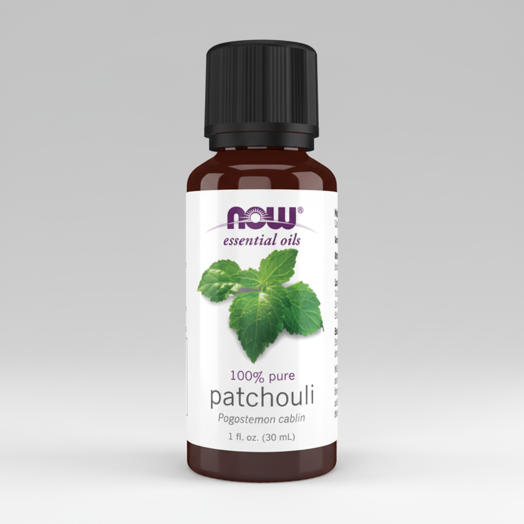 Bottle of NOW Essential Oils Patchouli oil on a white background