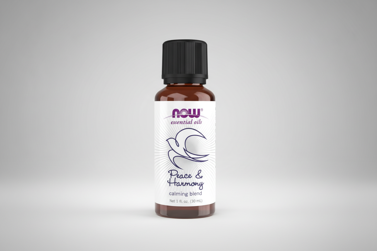 Bottle of NOW Peace & Harmony essential oil blend on a white background