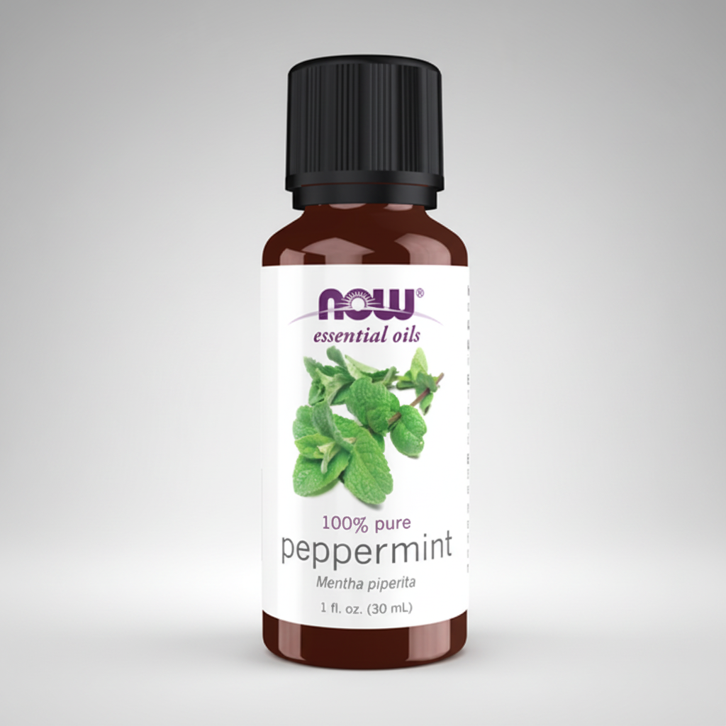 Peppermint essential oil bottle with NOW brand on a white background