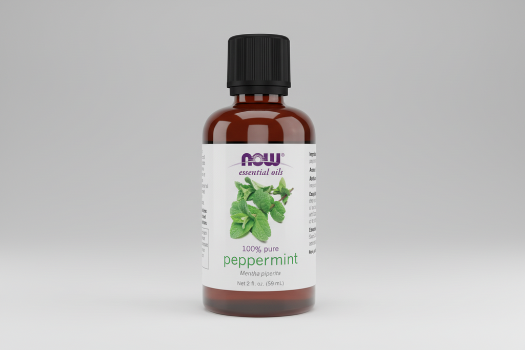 Peppermint essential oil bottle with NOW brand on a white background