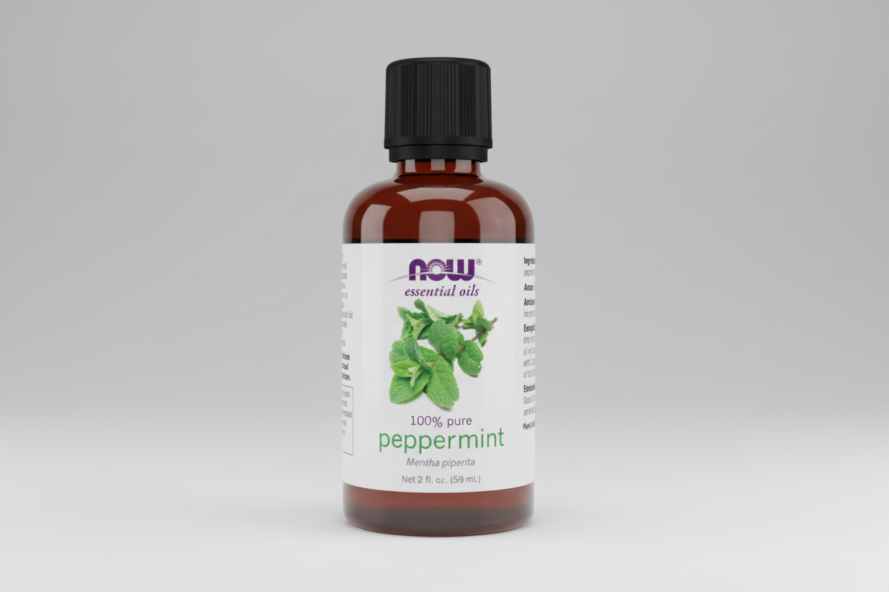 Peppermint essential oil bottle with NOW brand on a white background