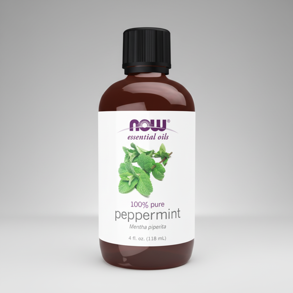 Peppermint essential oil bottle with NOW Essential Oils label on a white background