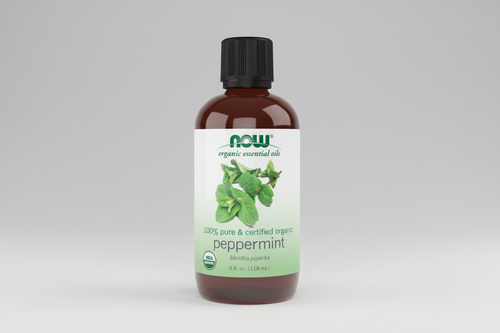Bottle of NOW Organic Essential Oils peppermint oil on a white background
