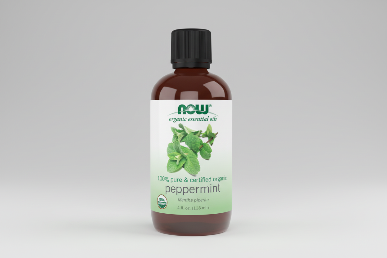 Bottle of NOW Organic Essential Oils peppermint oil on a white background