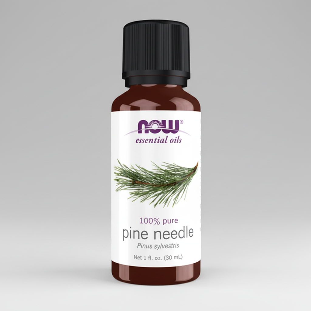 Bottle of NOW Essential Oils pine needle oil on a white background