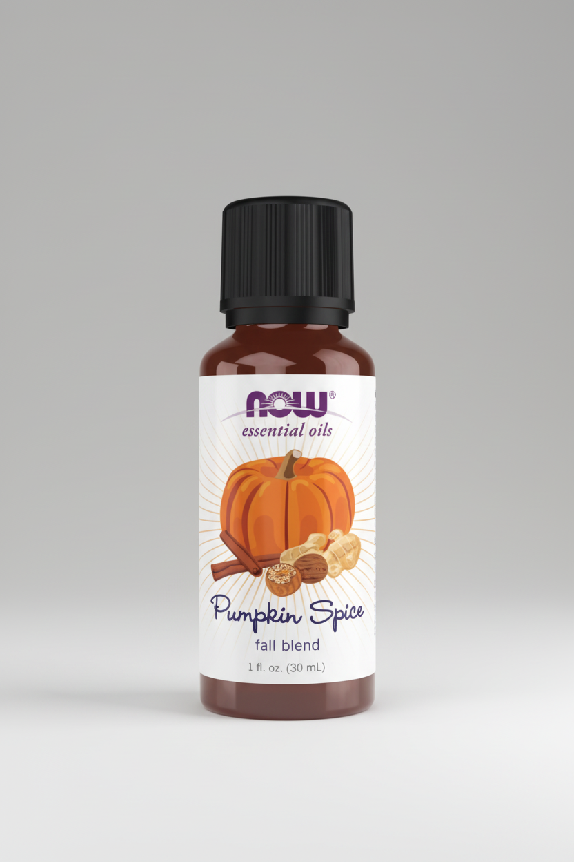 Bottle of NOW Pumpkin Spice essential oil blend on a white background