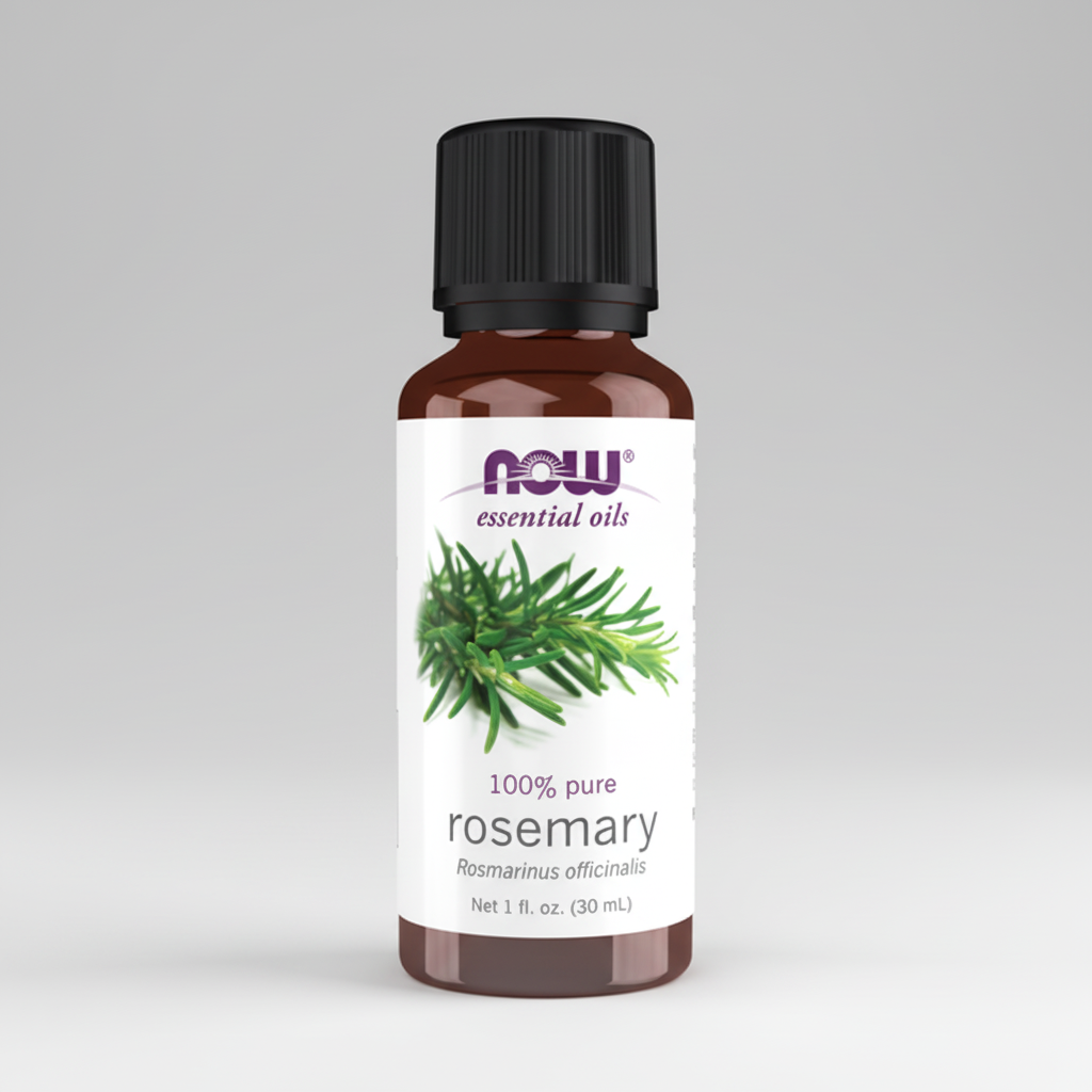 Bottle of NOW Essential Oils rosemary oil on a white background