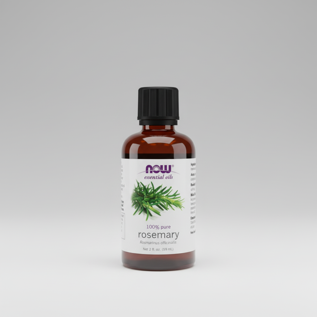 Bottle of NOW Essential Oils rosemary oil on a white background