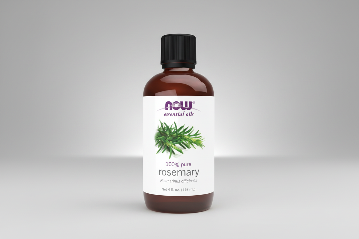 Bottle of NOW Essential Oils rosemary oil on a white background