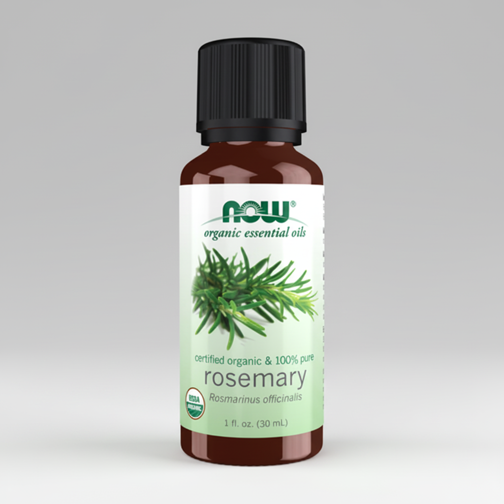 Bottle of NOW Organic Essential Oils Rosemary on a white background