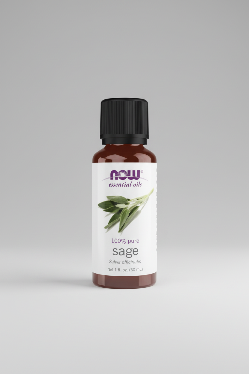 Bottle of NOW essential oils with sage label on a white background