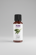Bottle of NOW essential oils with sage label on a white background
