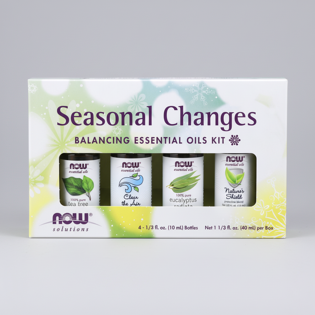 Box of 'Seasonal Changes Balancing Essential Oils Kit' by NOW Solutions on a white background