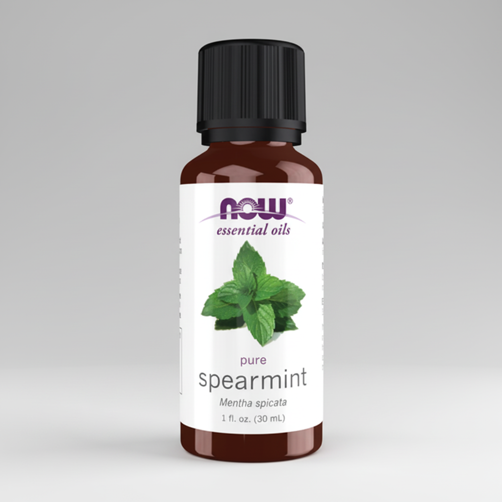 Bottle of NOW essential oils spearmint on a white background