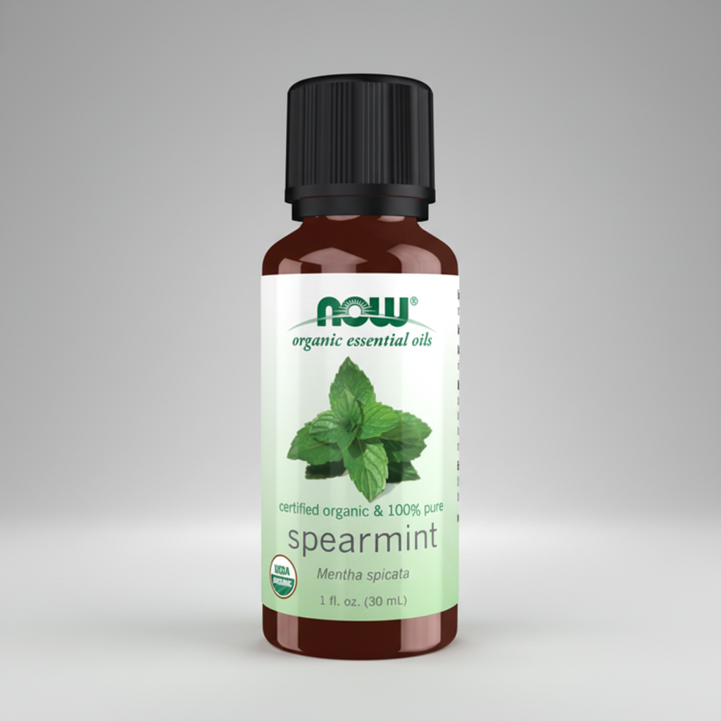 Spearmint essential oil bottle with NOW brand on a white background
