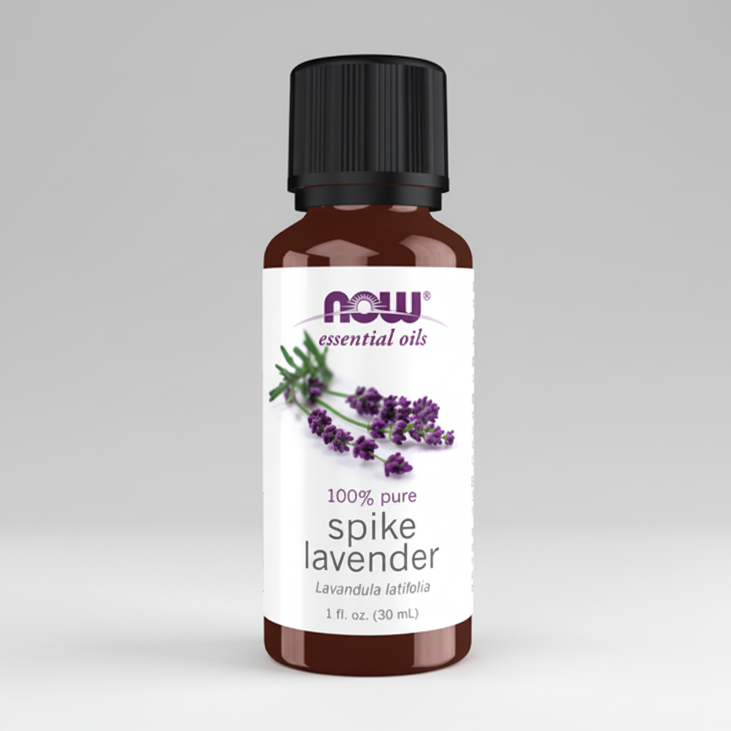 Bottle of NOW Essential Oils Spike Lavender on a white background