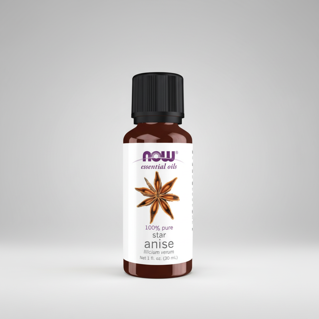 Bottle of NOW Essential Oils star anise oil on a white background