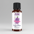 Bottle of NOW Essential Oils Sugar Plum holiday blend on a white background