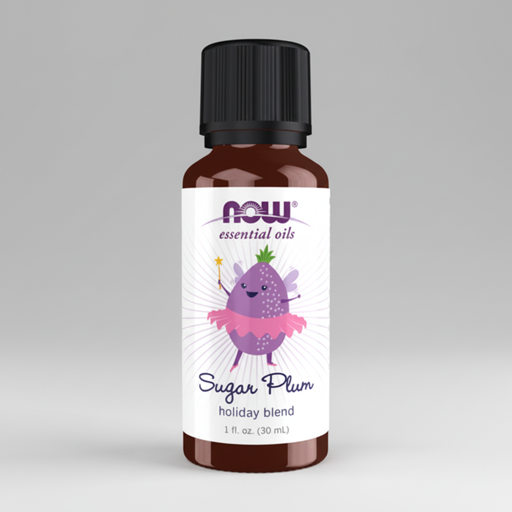 Bottle of NOW Essential Oils Sugar Plum holiday blend on a white background