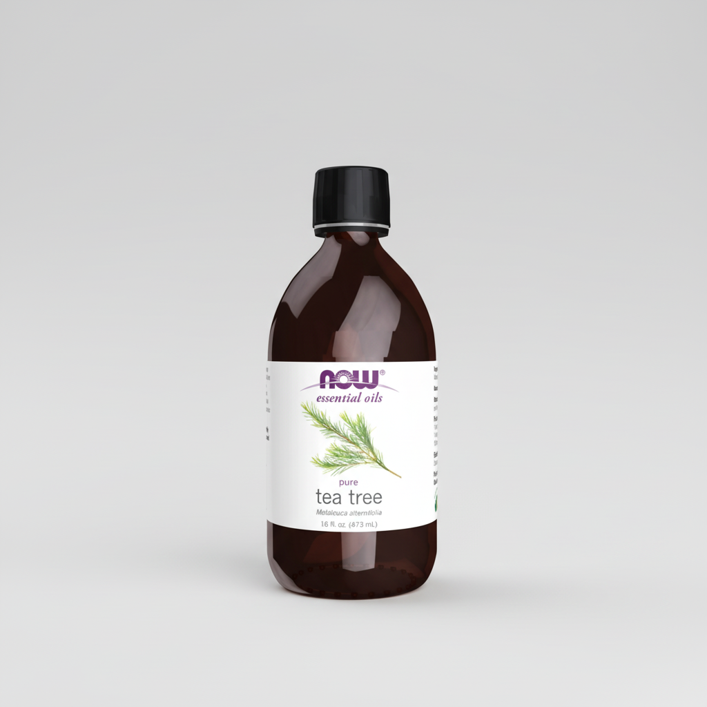 Bottle of NOW Essential Oils pure tea tree oil on a white background