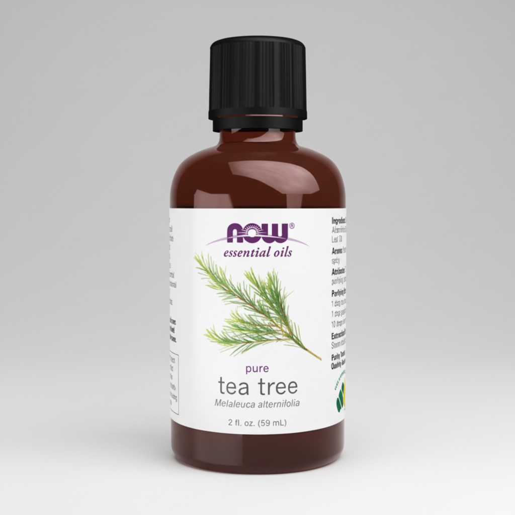 Bottle of NOW Essential Oils pure tea tree oil on a white background