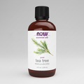 Bottle of pure tea tree essential oil with NOW brand on a white background