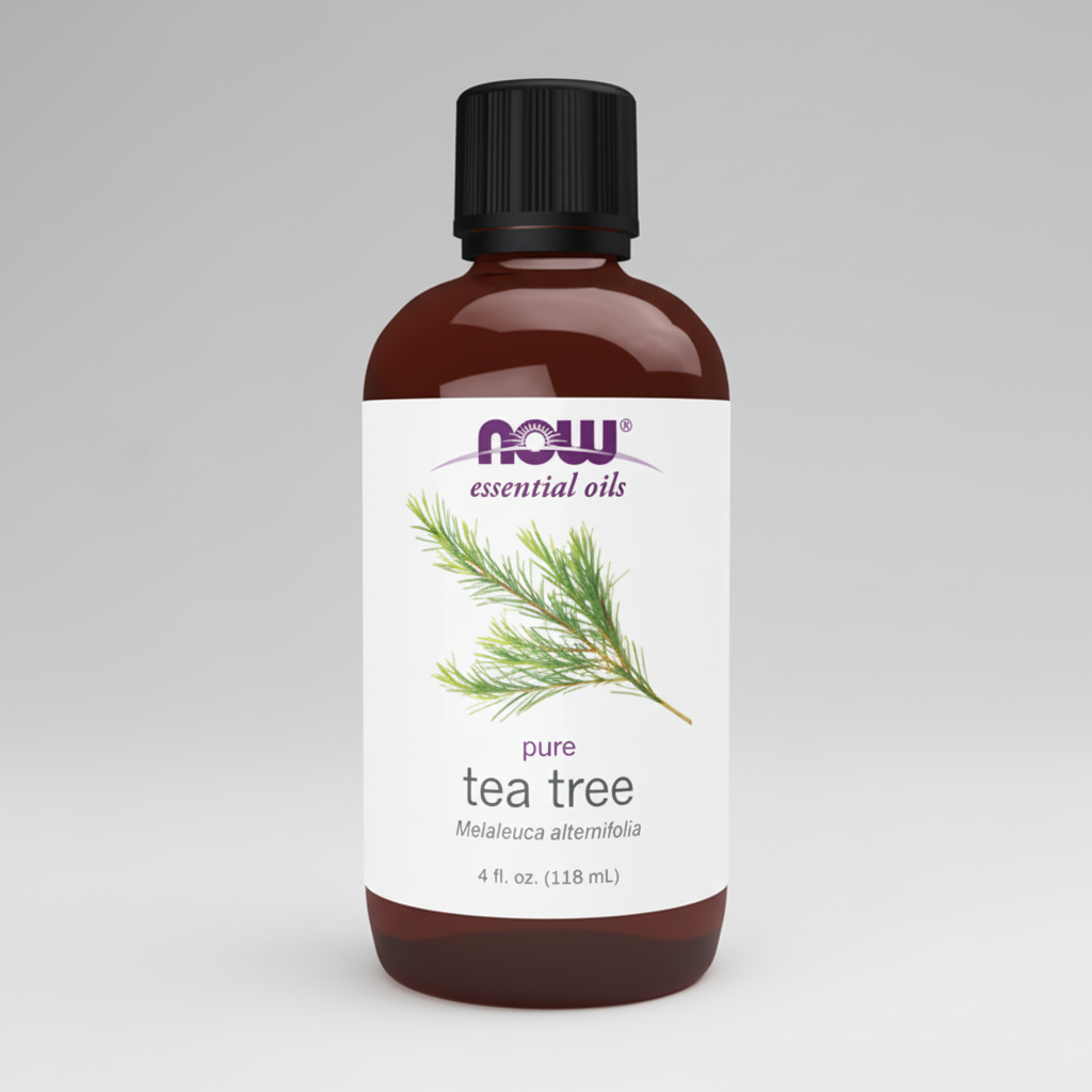Bottle of pure tea tree essential oil with NOW brand on a white background
