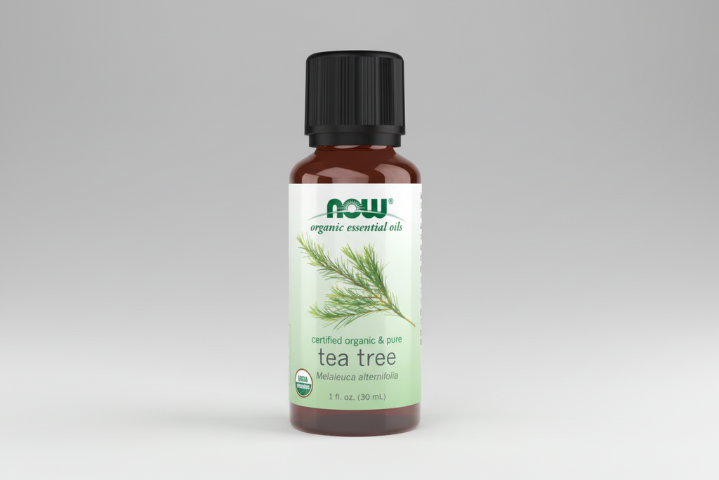 Bottle of NOW Organic Essential Oils Tea Tree oil on a white background
