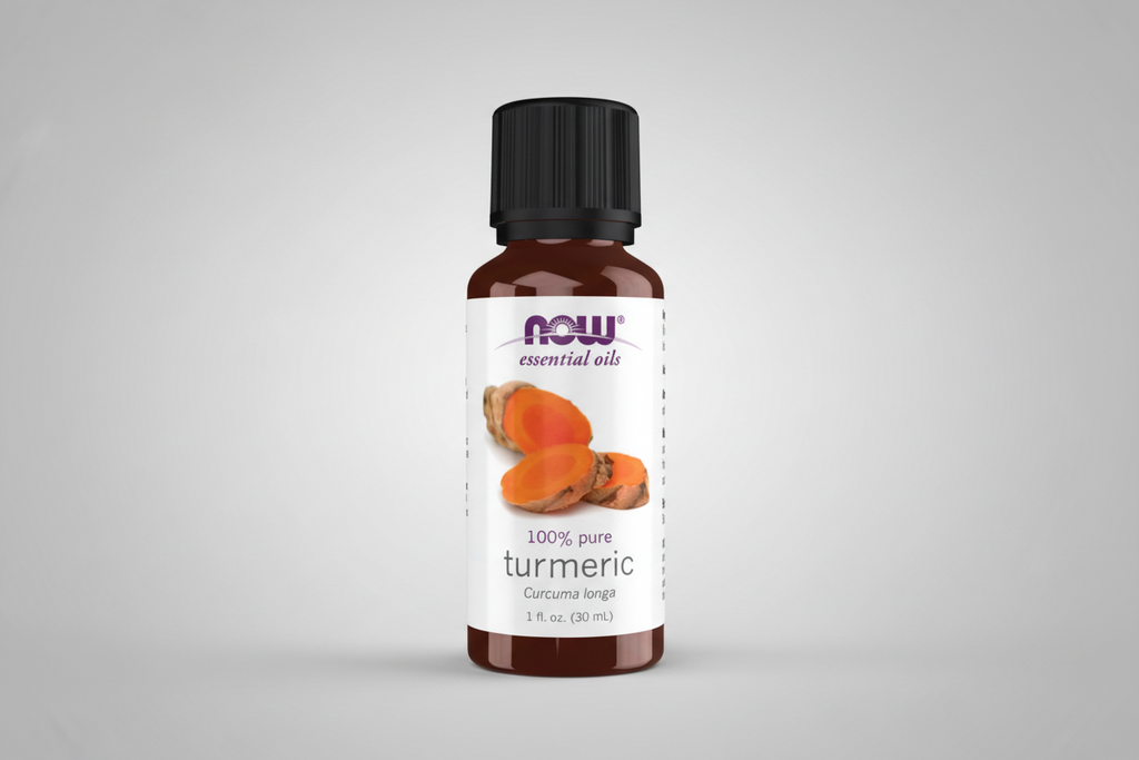 Bottle of NOW essential oils turmeric on a white background