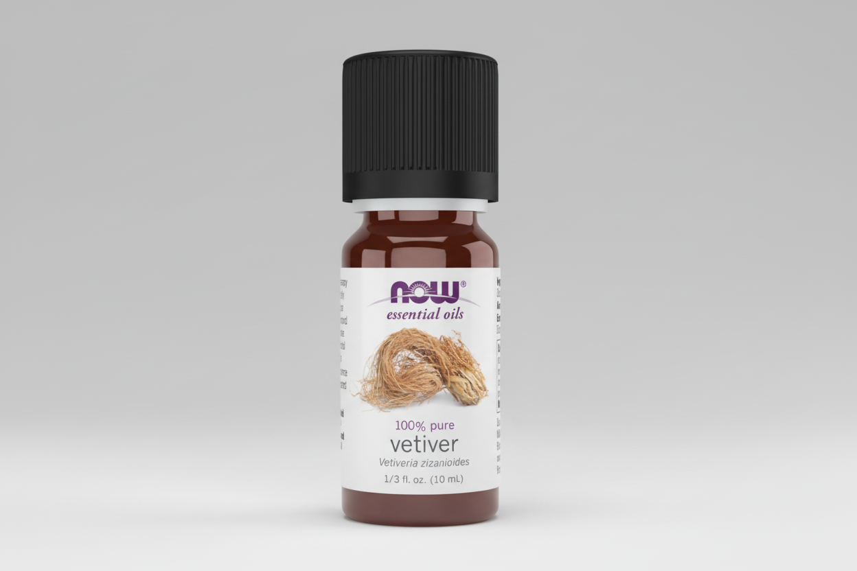 Bottle of NOW Essential Oils Vetiver oil on a white background