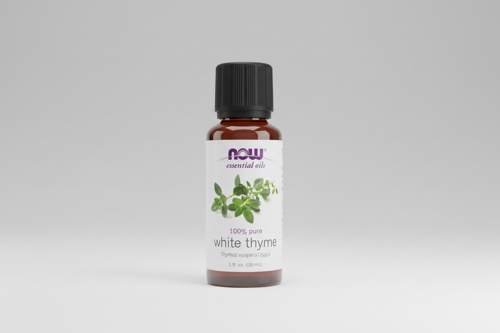 Bottle of NOW Essential Oils White Thyme oil on a white background