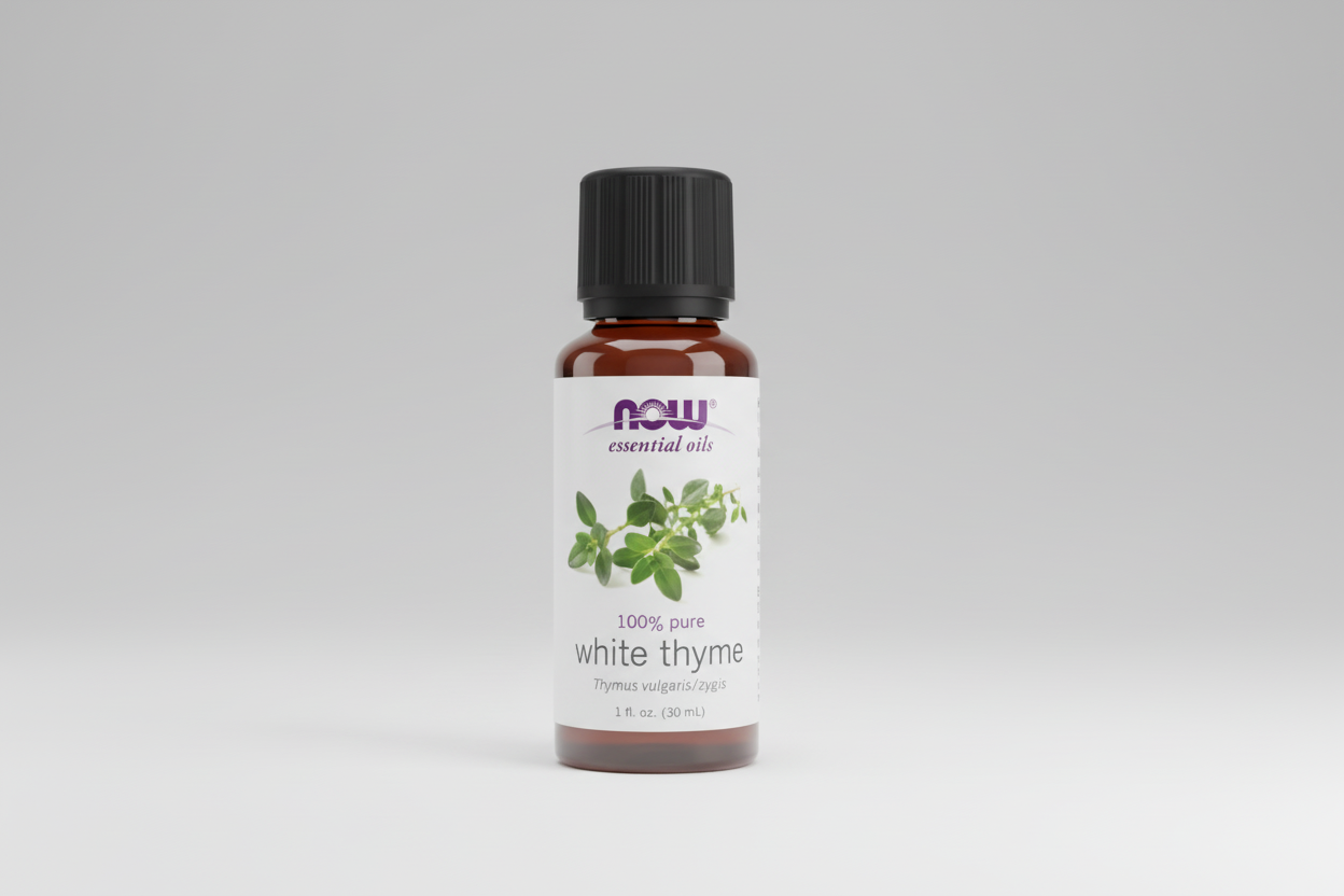 Bottle of NOW Essential Oils White Thyme oil on a white background
