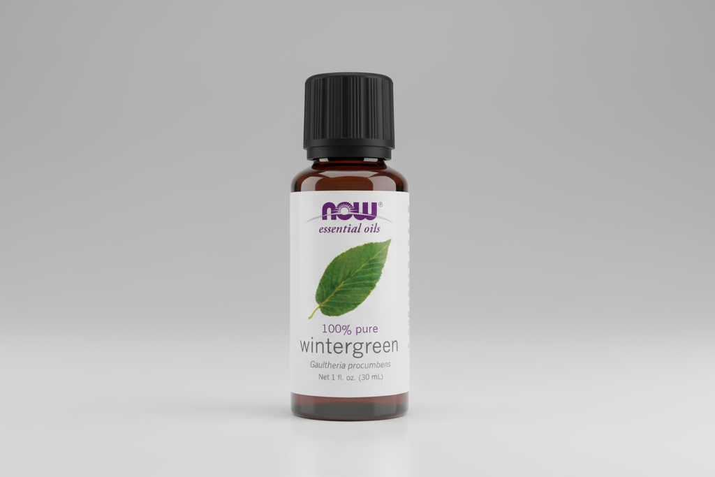 Bottle of NOW Essential Oils wintergreen oil on a white background