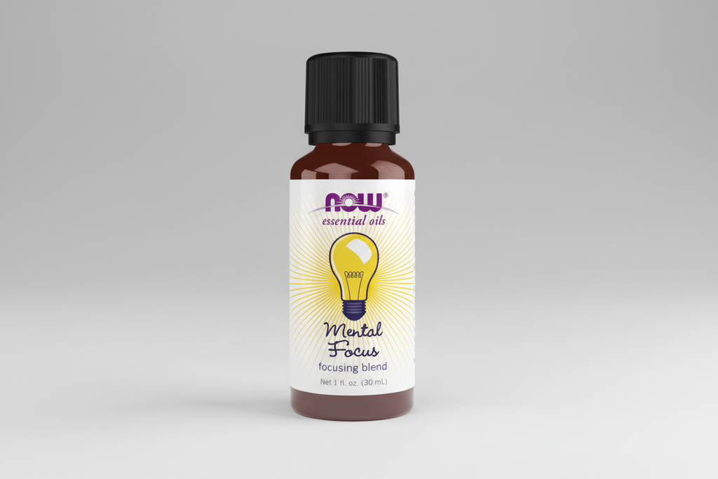 Bottle of NOW Essential Oils Mental Focus blend on a white background
