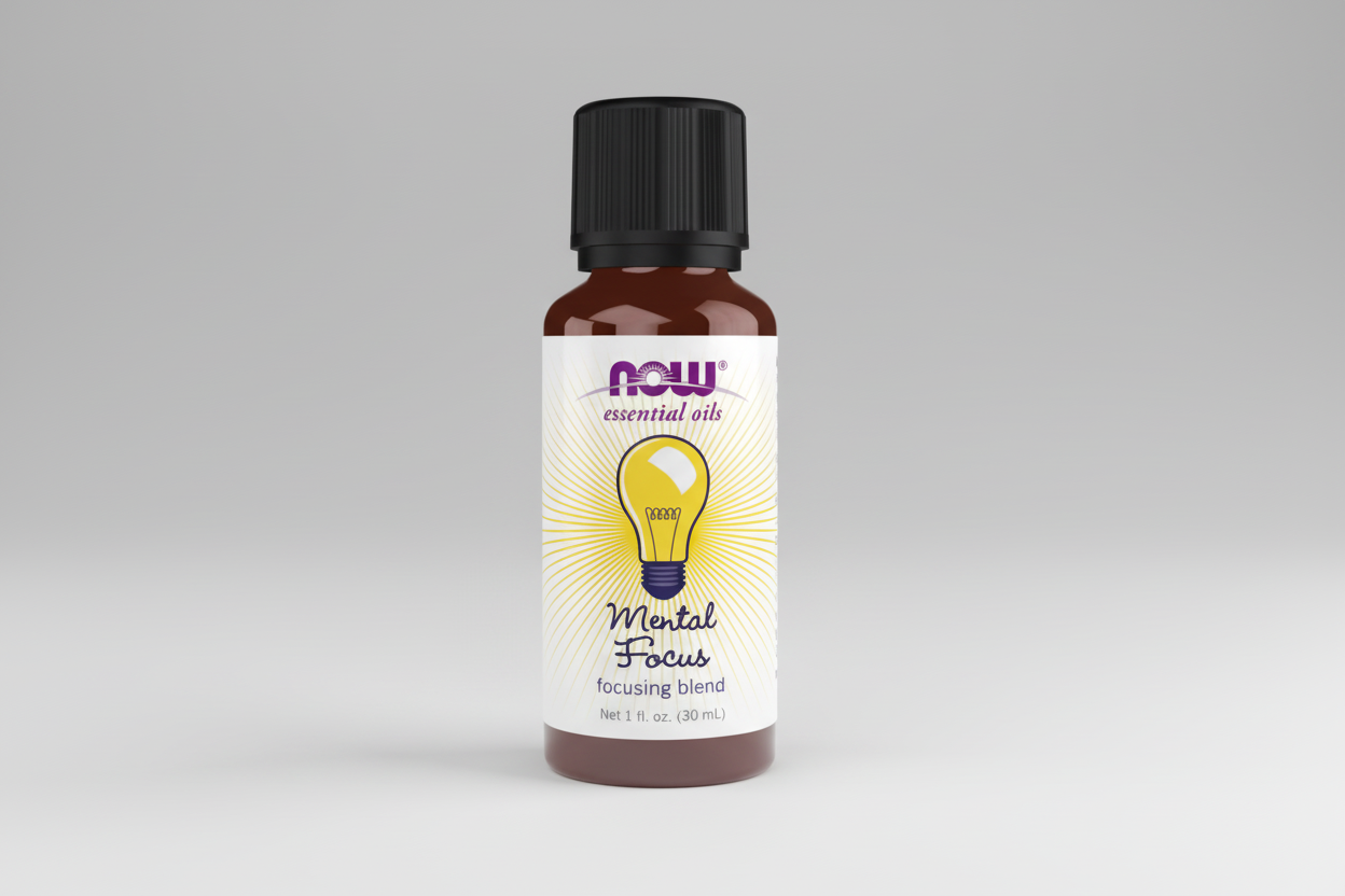 Bottle of NOW Essential Oils Mental Focus blend on a white background