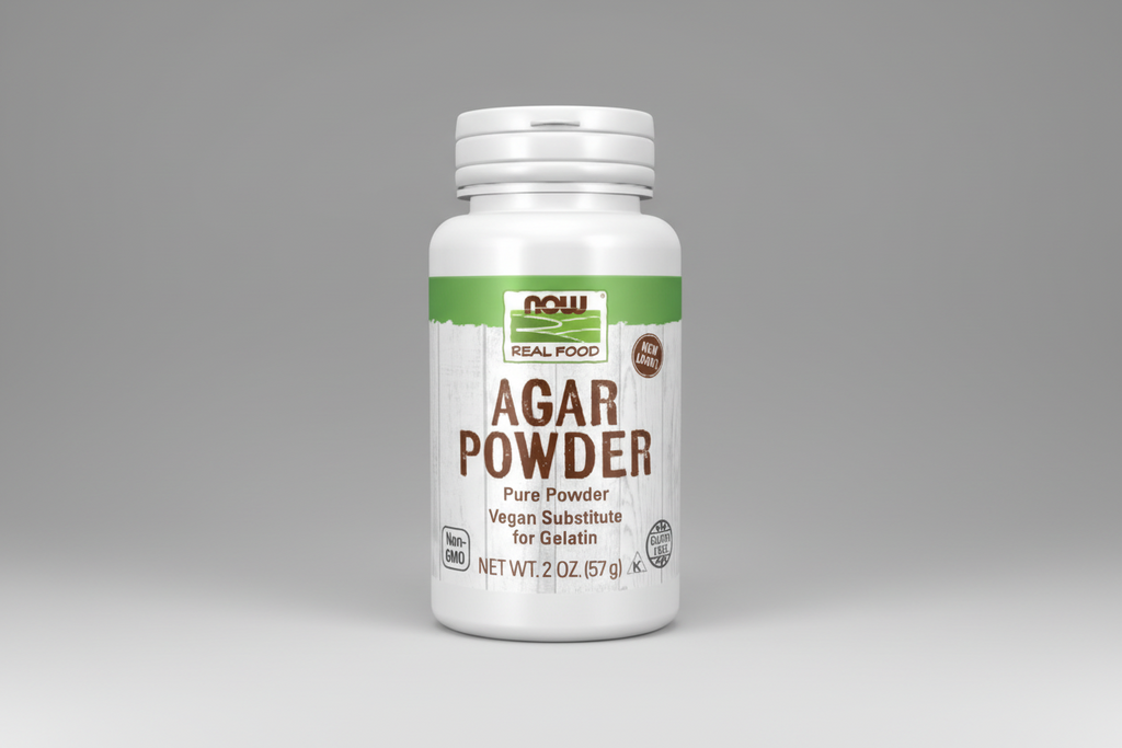 Bottle of Agar Powder with NOW Real Food label on a white background